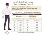 Mens belt size guide shows how to measure belt size from middle hole to buckle