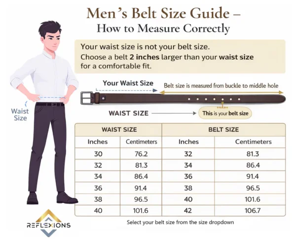 Mens belt size guide shows how to measure belt size from middle hole to buckle