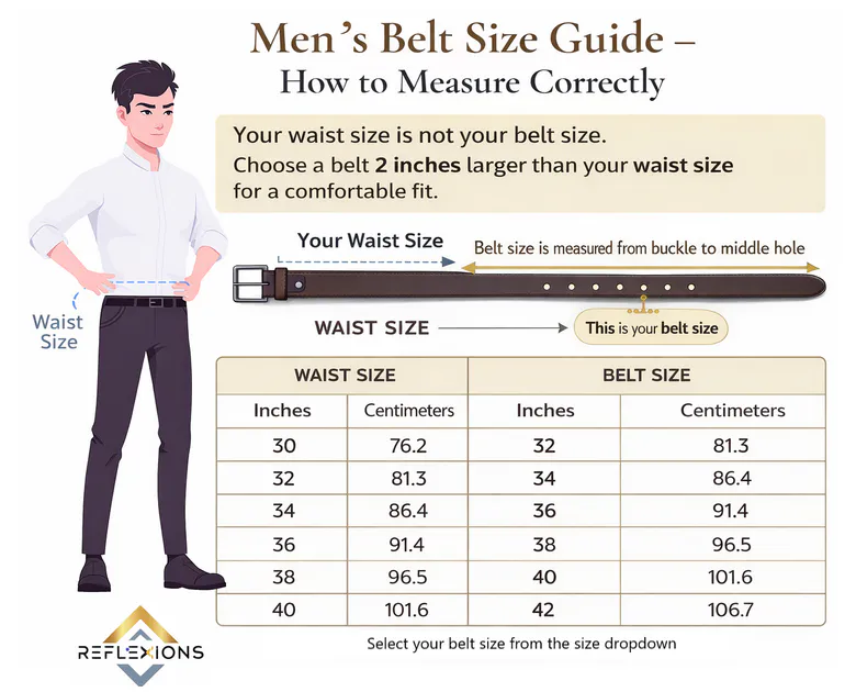 Mens belt size guide shows how to measure belt size from middle hole to buckle
