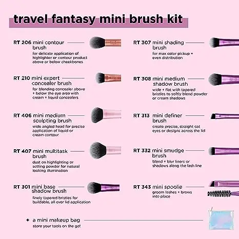 Real Technique Travel Fantasy Mini Brush Kit, Makeup Brushes For Eyeshadow,  Highlight, Contour, Powder, & Concealer, Mini Sized Travel Brushes 